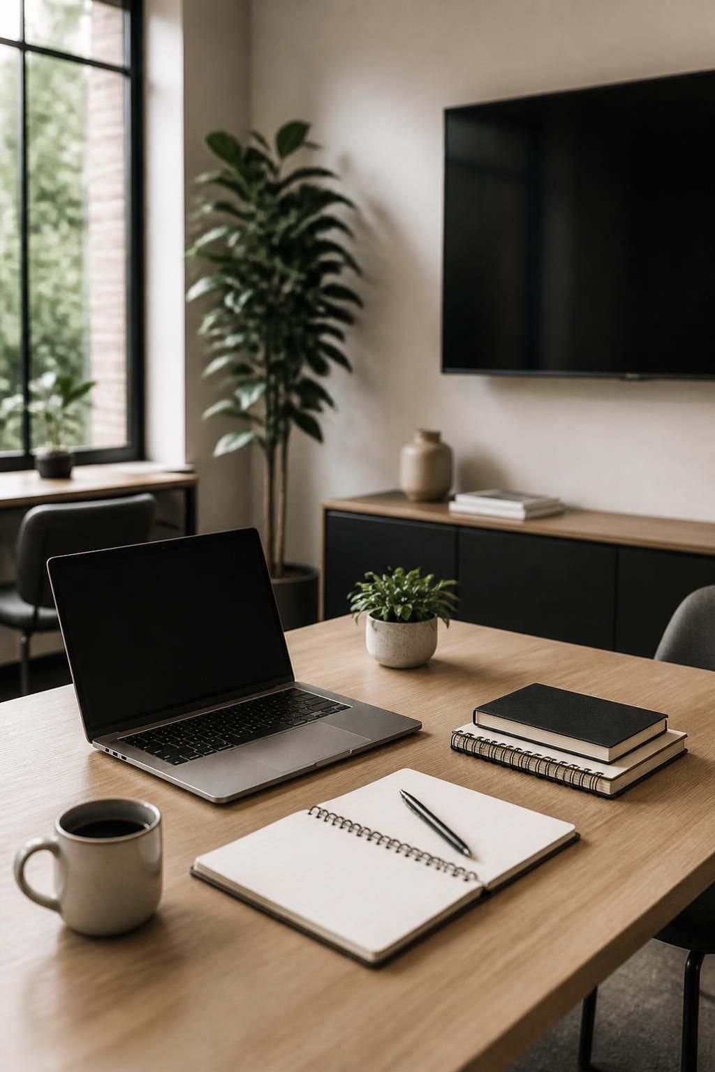 Bright professional workspace with laptop and organized planning materials