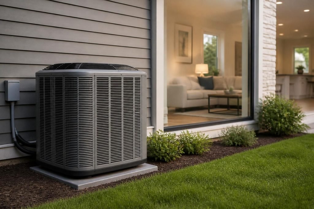 Modern home exterior with a clean HVAC unit in natural light
