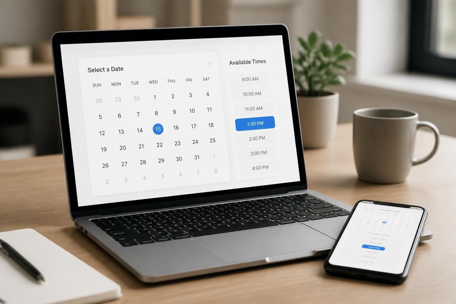 Laptop displaying an online booking calendar interface