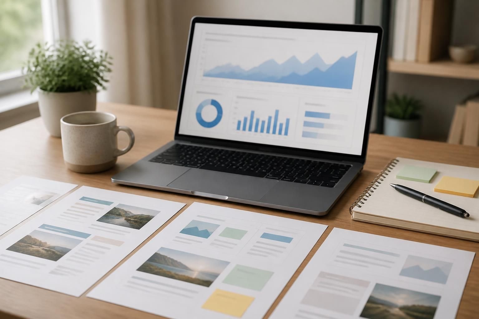 Laptop and content planning materials for SEO writing