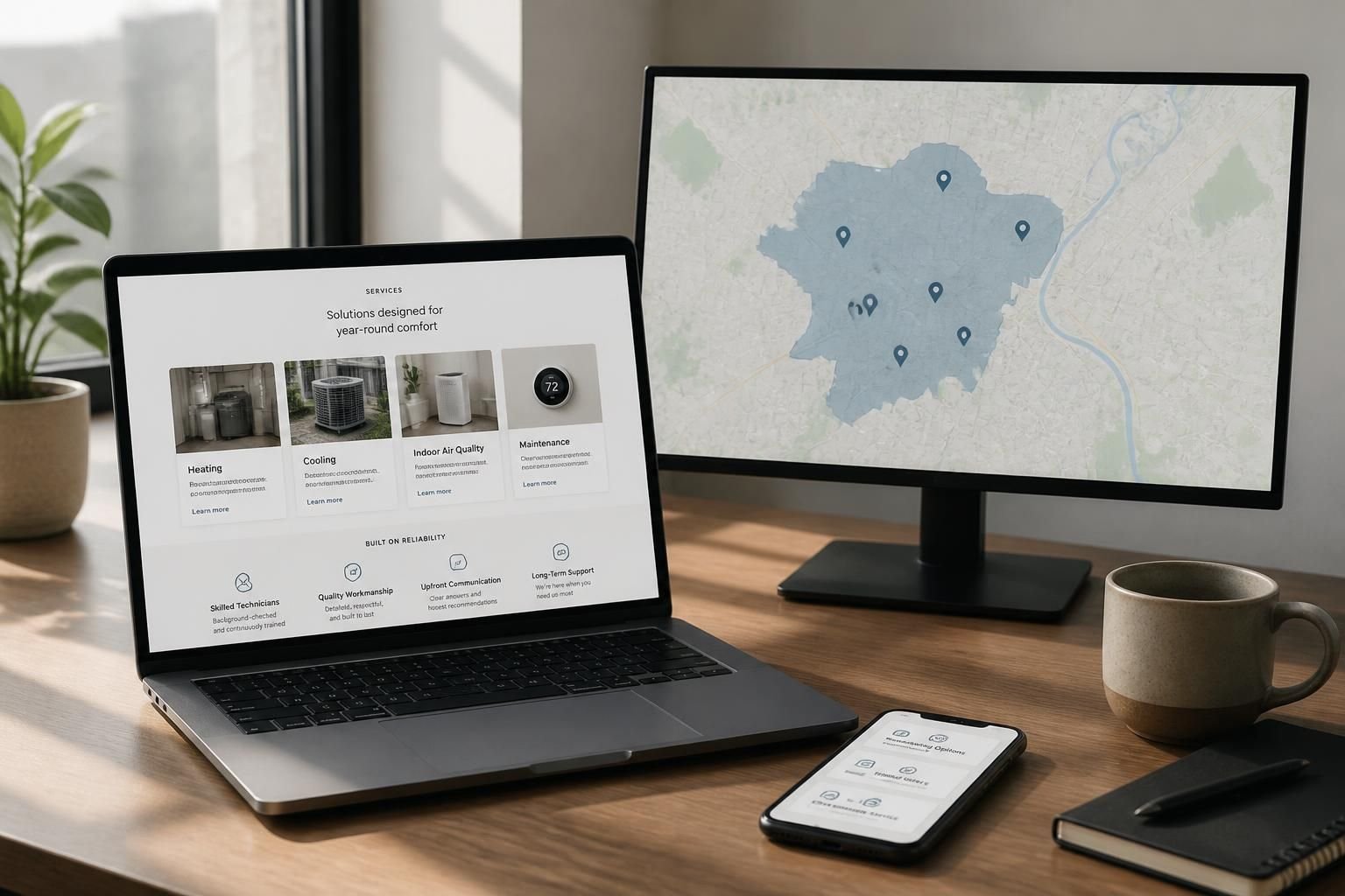 Laptop and phone showing a modern HVAC marketing website setup